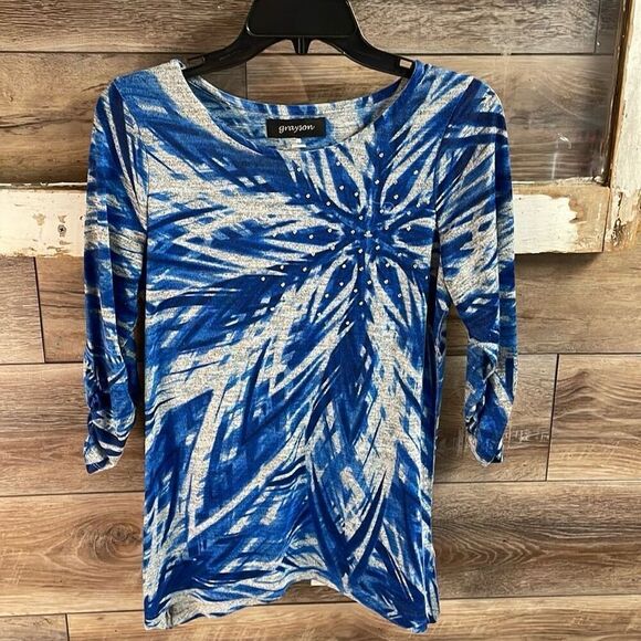 GRAYSON Womens Floral Rhinestone Embellished 3/4 Ruched Sleeve Top Size PS - Picture 3 of 8